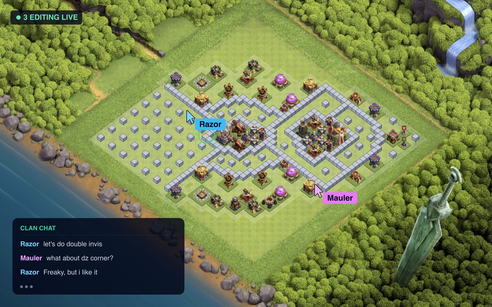 ClashGoblin co-op: clanmates editing one base live with clan chat