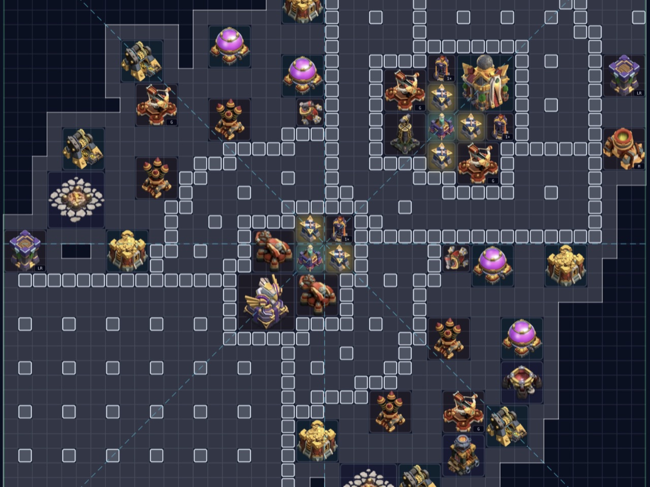 ClashGoblin blueprint mode: a schematic, engineering-style render of a base layout