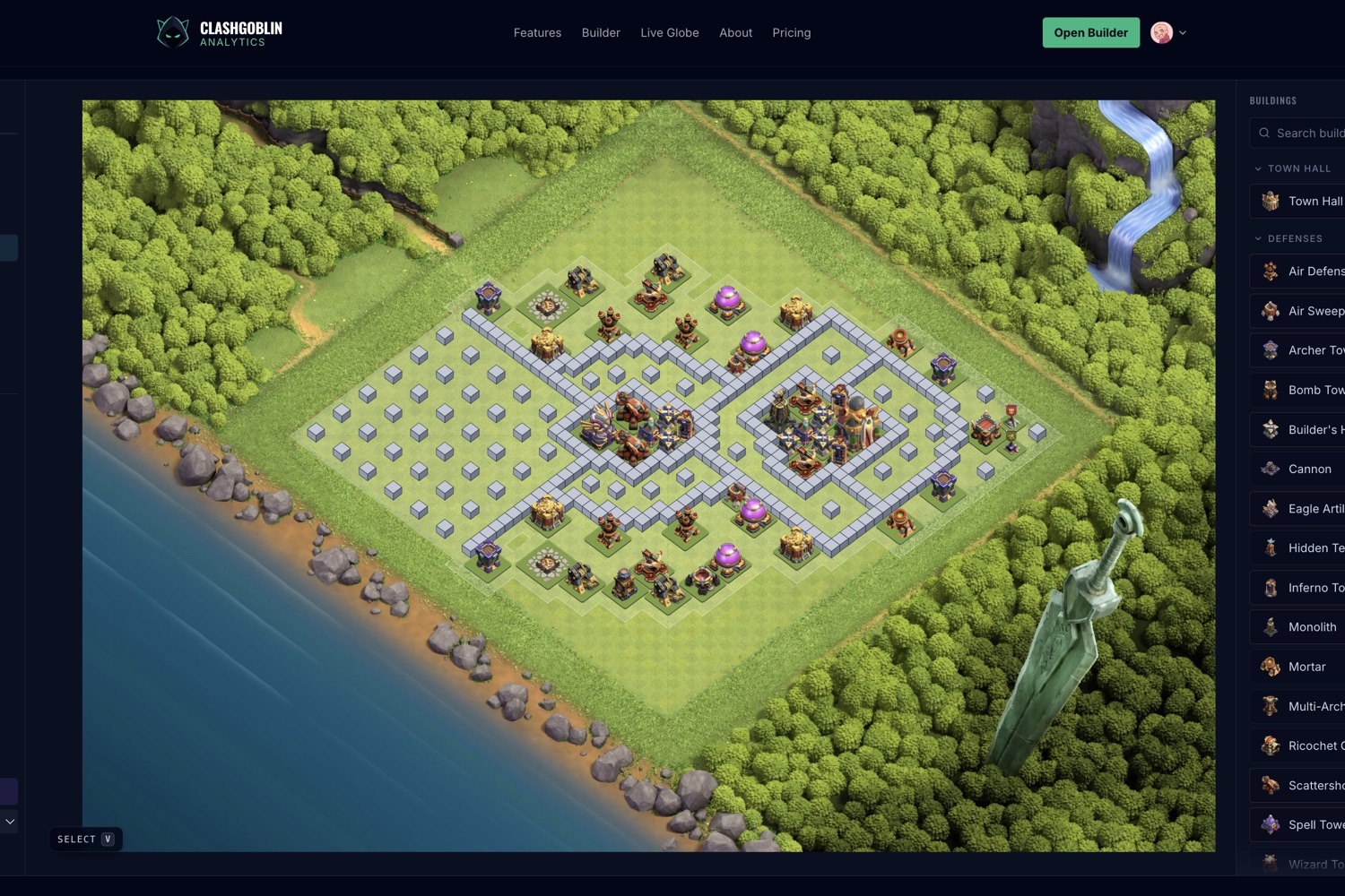 The ClashGoblin builder: an isometric base with defensive range overlays, building palette and toolbar
